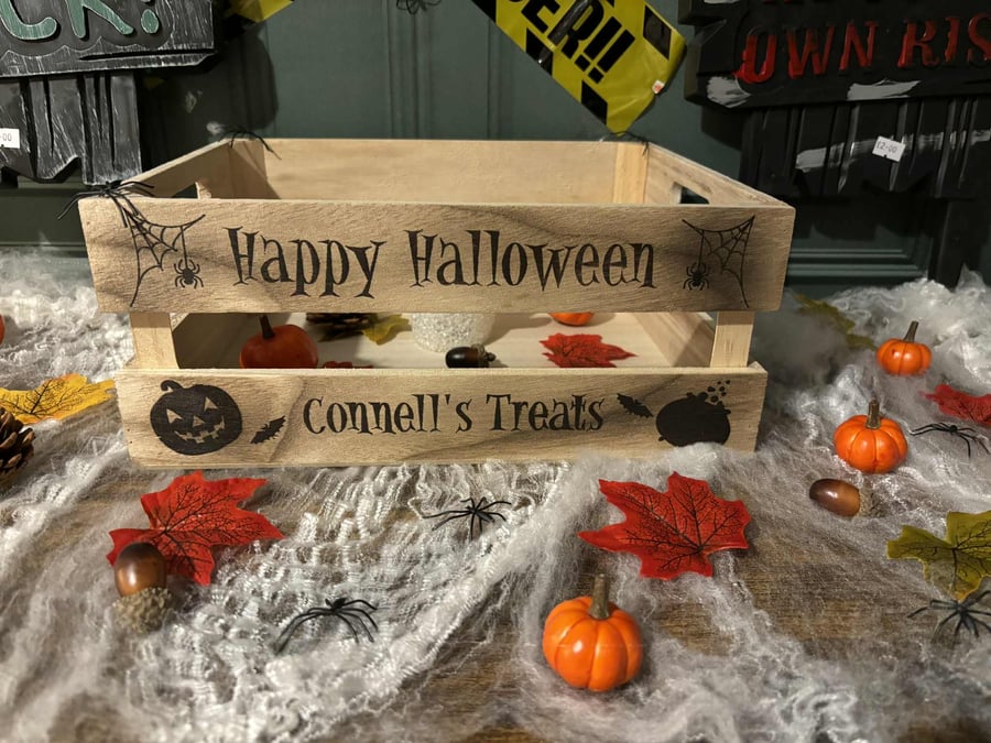 Engraved Halloween Crate - Personalised Wooden Trick or Treat Box