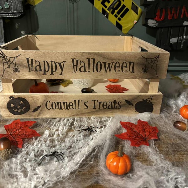 Engraved Halloween Crate - Personalised Wooden Trick or Treat Box