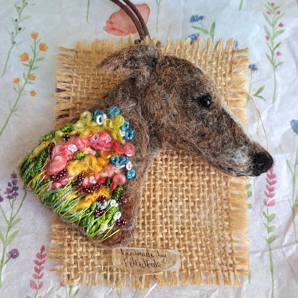 Needle Felted Greyhound Brooch