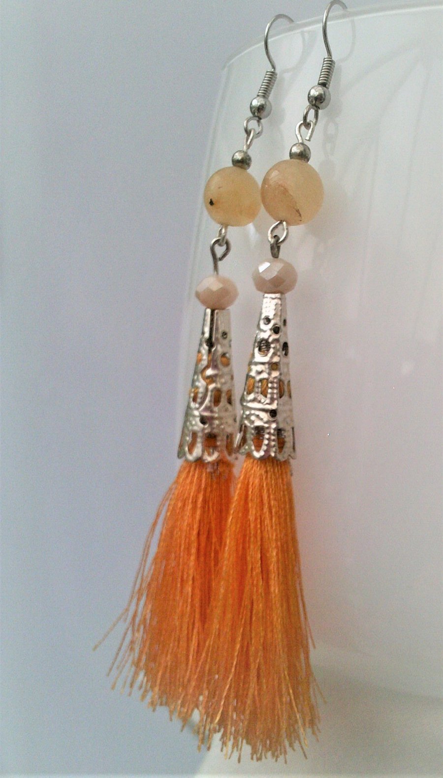 Long Yellow Jade Tassel Earrings, Dangle Statement Earrings for Women