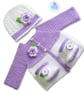 Crochet baby set, layette.  Lilac and white cardigan, hat and boots set 0-3 mths - Image 10