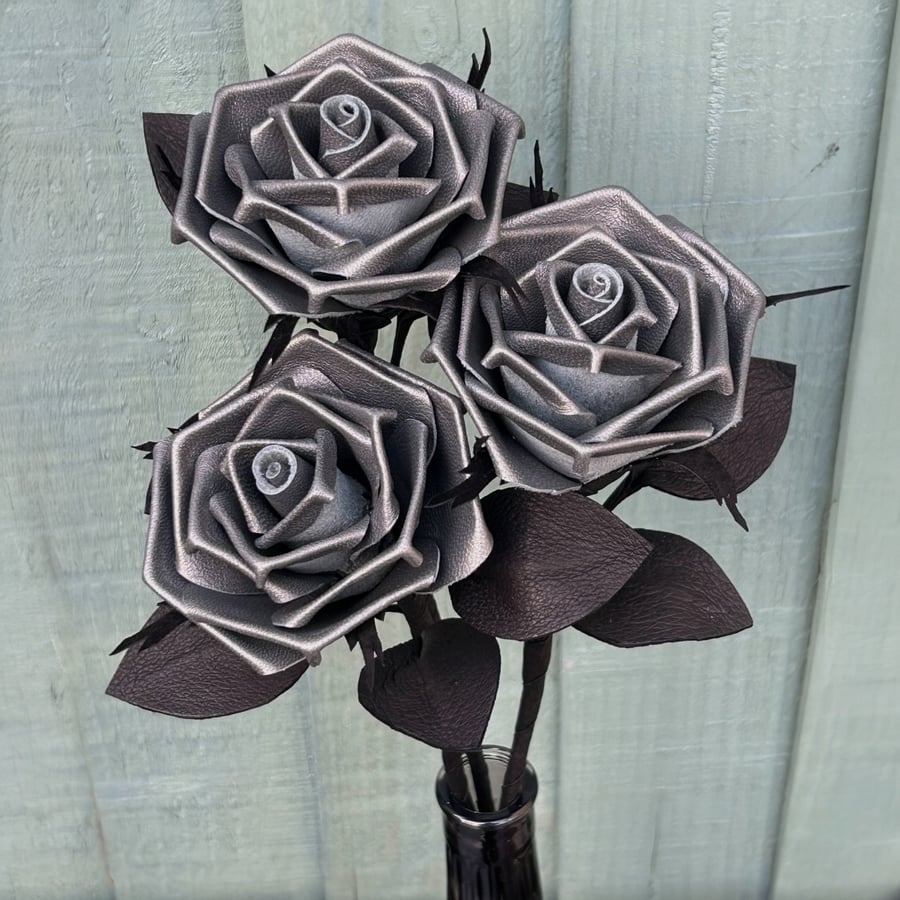 Gunmetal Grey Leather Roses with vase - Gothic Home Décor, Alternative Gift.
