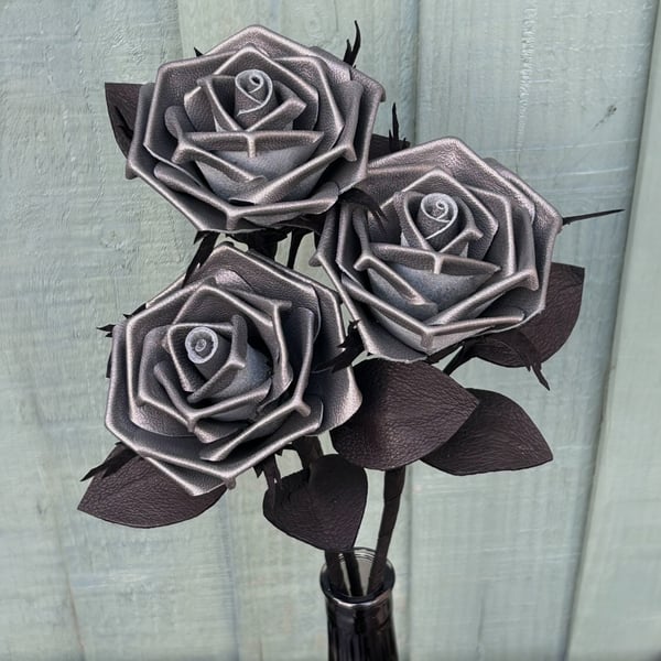 Gunmetal Grey Leather Roses with vase - Gothic Home Décor, Alternative Gift.