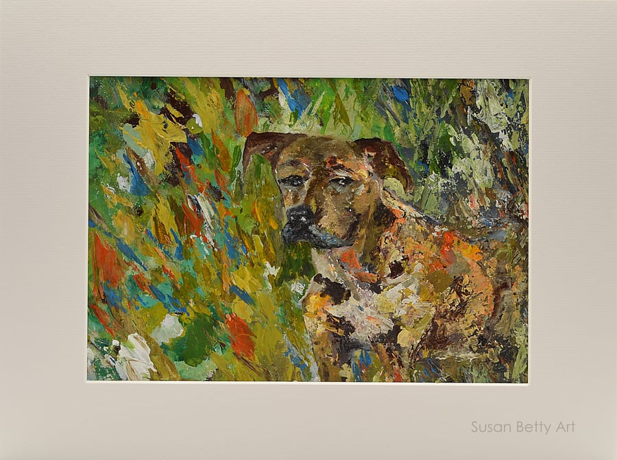 Original Painting of a Dog Hiding in the Garden