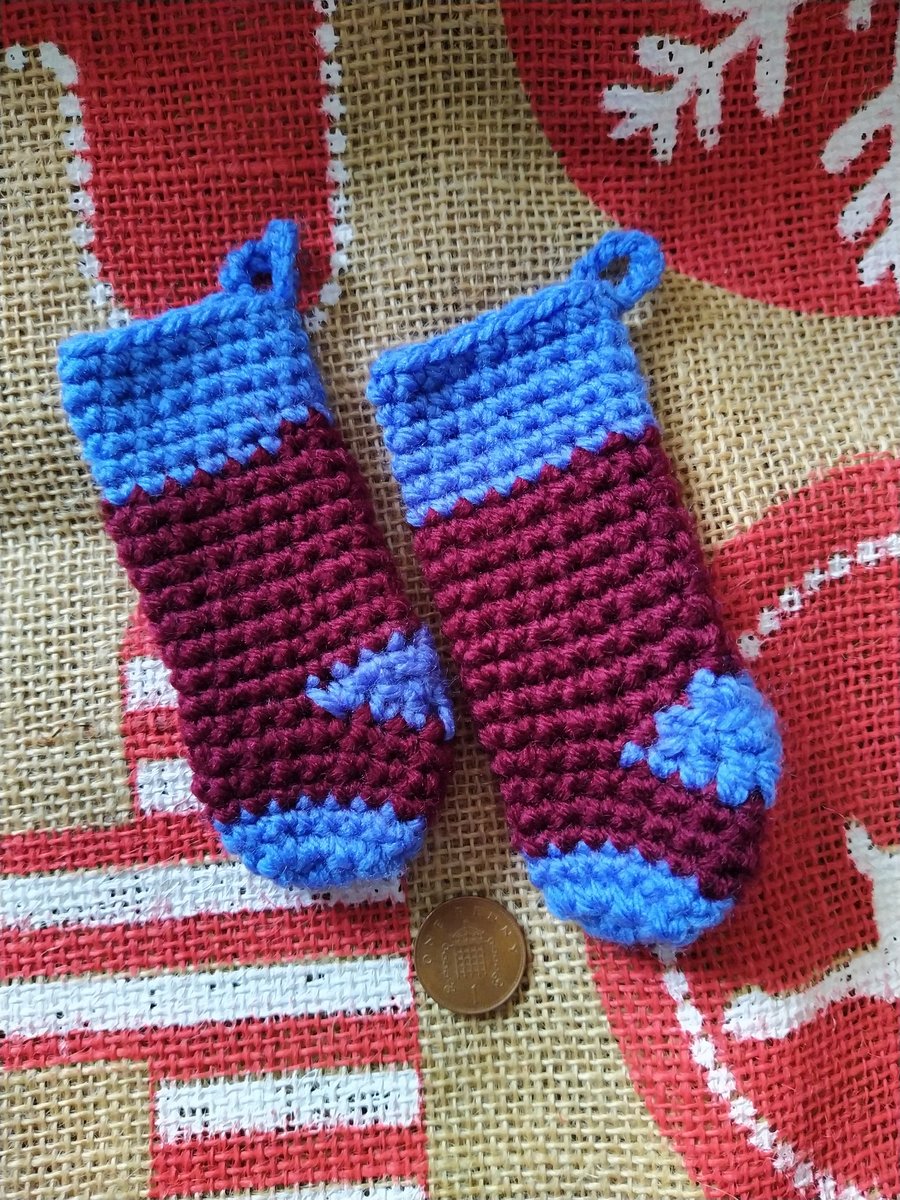 Mini Christmas Stocking Tree Decoration (Pair) Claret and Blue