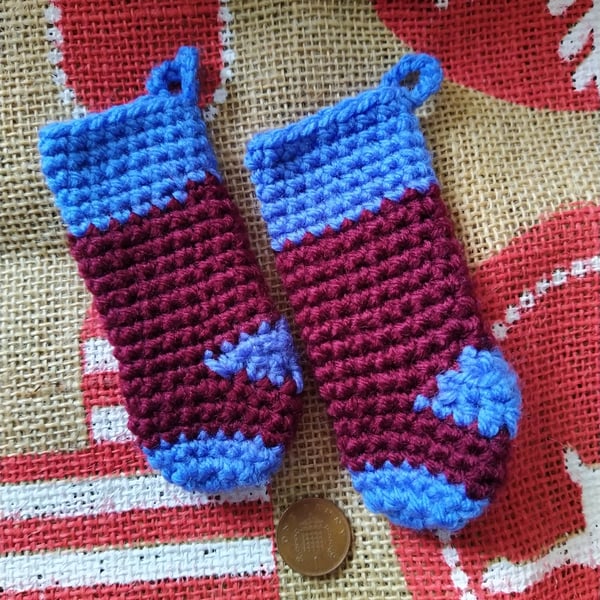 Mini Christmas Stocking Tree Decoration (Pair) Claret and Blue