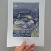 Barn Owls at dusk - linoprint
