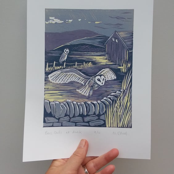 Barn Owls at dusk - linoprint