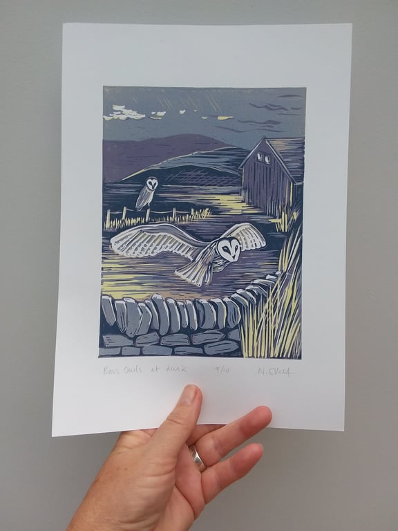Barn Owls at dusk - linoprint