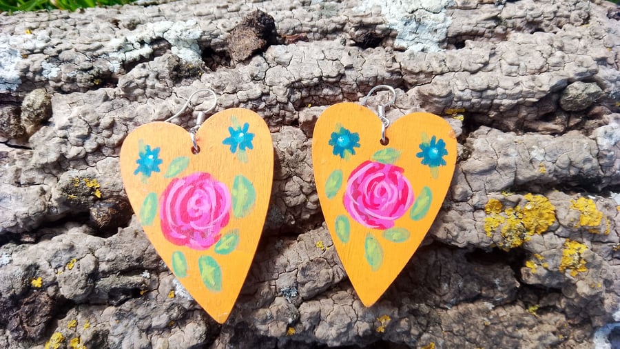 Wooden Hand Painted Folk Art Heart and Rose earrings