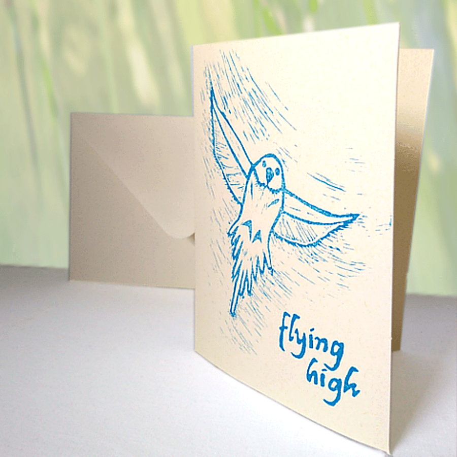 Flying bird sympathy card, flying high, LinoCut, blank inside, POSTAGE INCLUDED