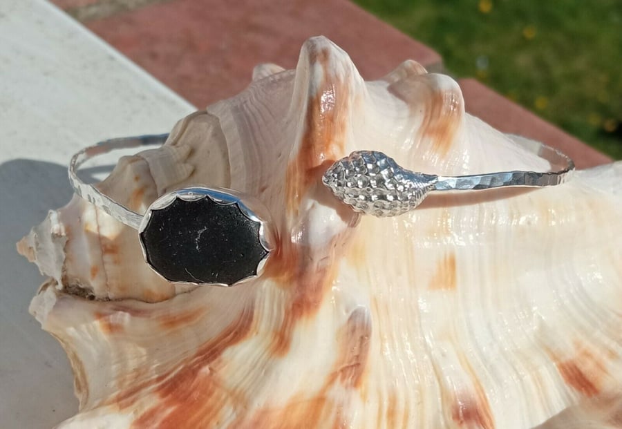 Fine Silver Seashell & Pirate Black Seaglass Sterling Silver Adjustable Bangle