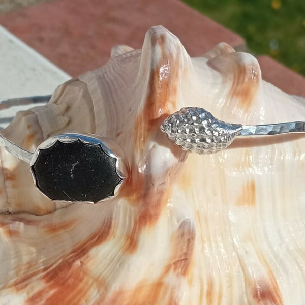Fine Silver Seashell & Pirate Black Seaglass Sterling Silver Adjustable Bangle