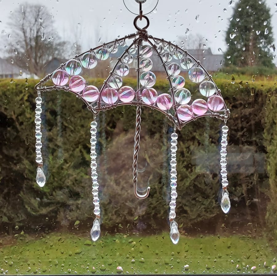 Umbrella and Raindrops Hanging Decoration Sun Catcher in Wire and Beads Pink