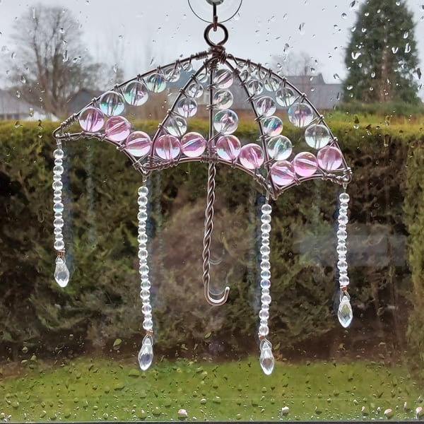 Umbrella and Raindrops Hanging Decoration Sun Catcher in Wire and Beads Pink