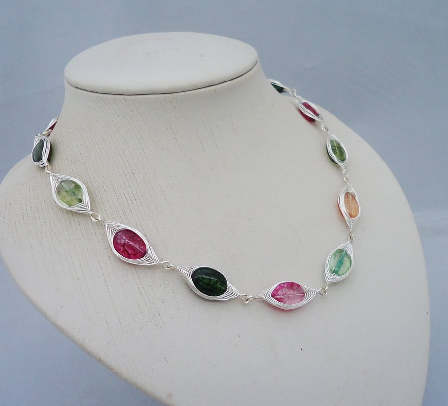 Multicolour Gemstone Necklace, Multticolour Quartz Herringbone Necklace