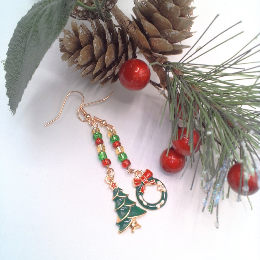 Mismatched Christmas Earrings, Secret Santa, Enamelled Charms, Secret Santa Gift