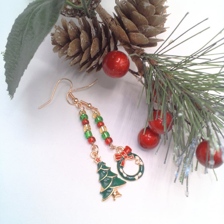 Mismatched Christmas Earrings, Secret Santa, Enamelled Charms, Secret Santa Gift