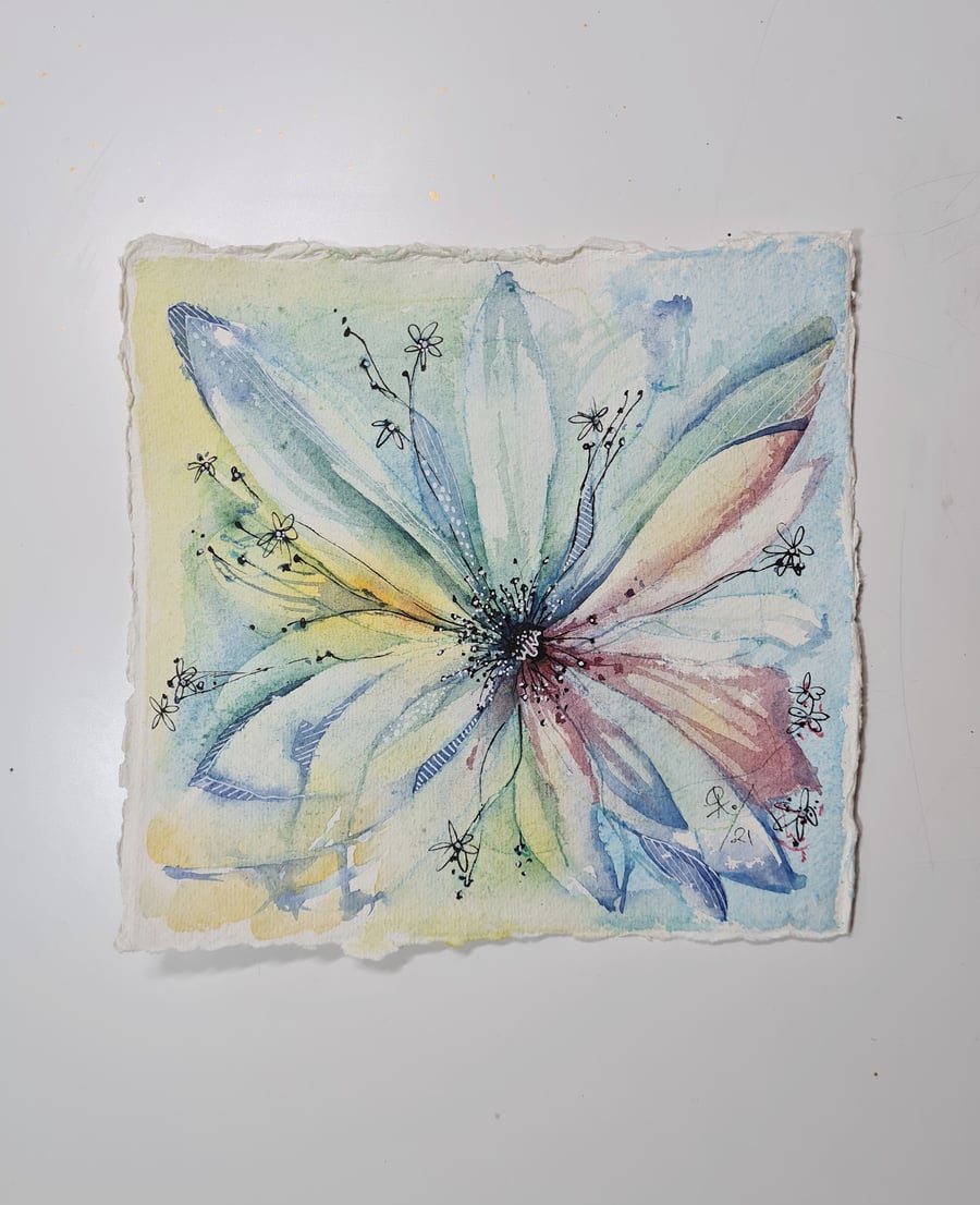 Original Watercolour Painting of a Delicate Green and Blue Flower