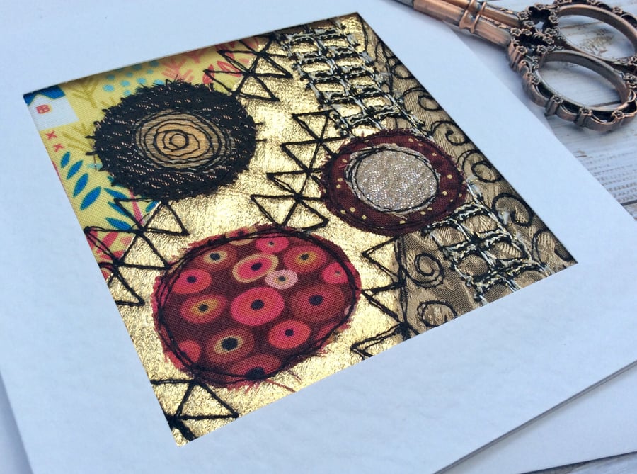 Embroidered gold patterned Klimt style greetings card. 
