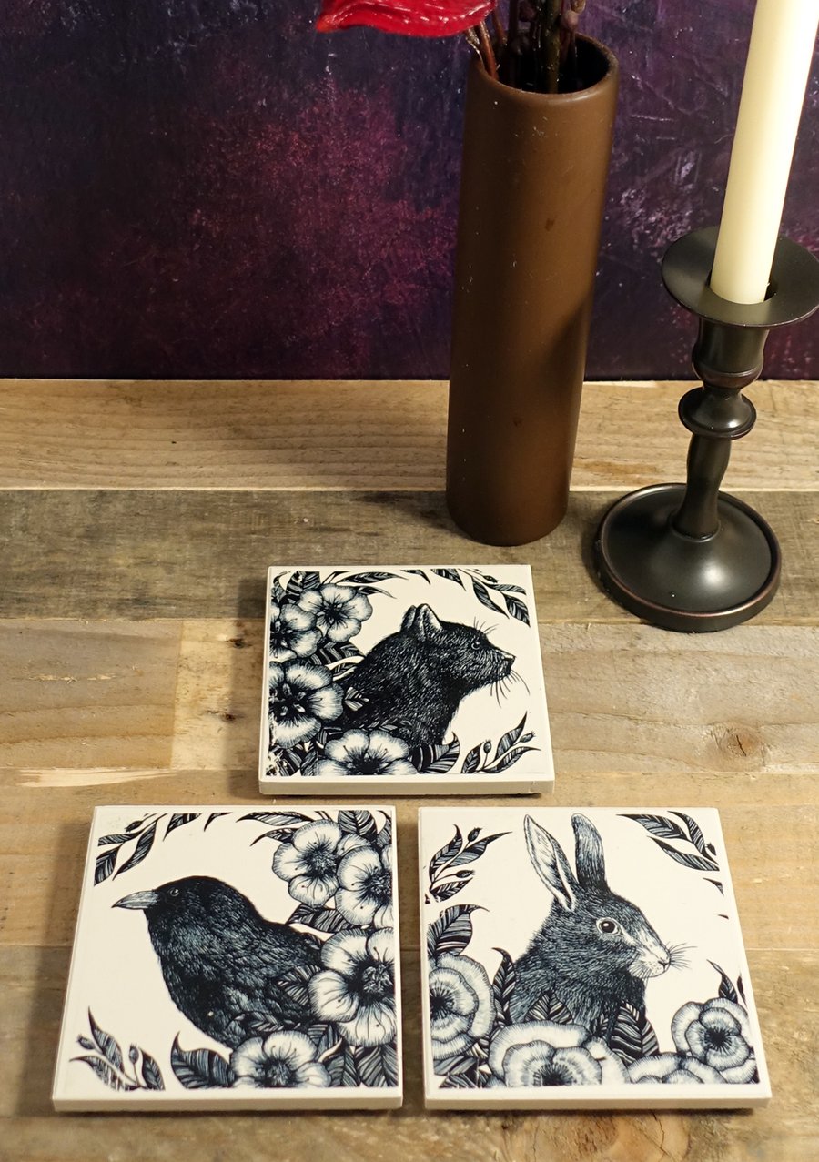Set of 6 Ceramic Coasters - Hare, Raven, Black Cat Illustrations, Botanical