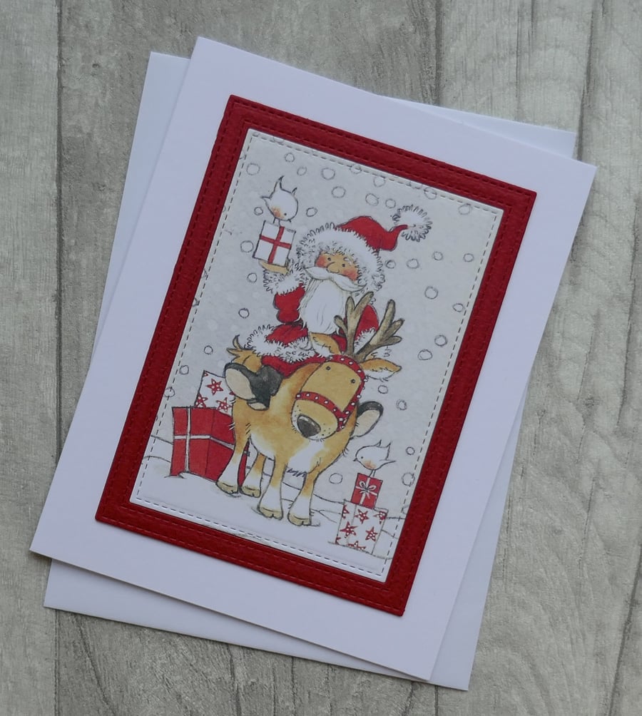 Father Christmas and Reindeer with Presents - Christmas Card