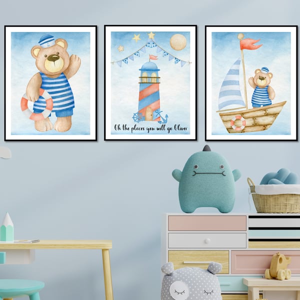 Set of 3 Personalised Sailor Teddy Bear Themed prints for Children