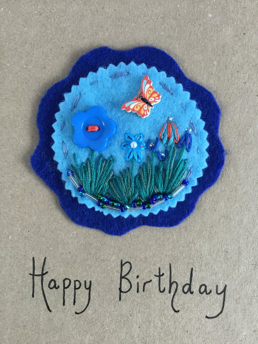 Hand Embroidered Butterfly Birthday Card