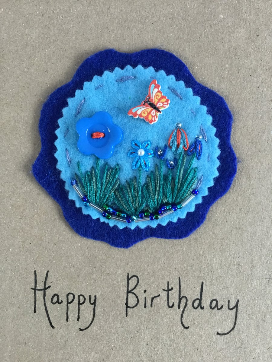 Hand Embroidered Butterfly Birthday Card