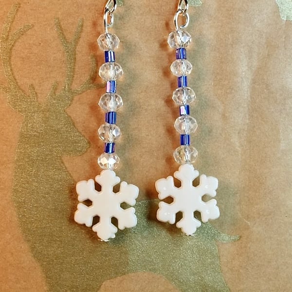 Snowflake Christmas Earrings, Sparkly Crystals & Ice Blue Glass, Stocking Filler