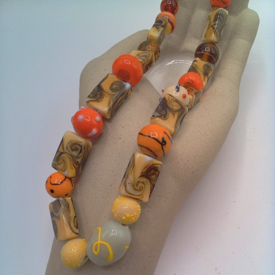 Brown Yellow and Orange Glass Bead Necklace, Orange Necklace, Gift for Her