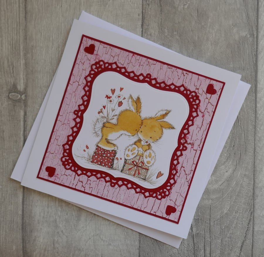 Bunnies in Love with Hearts and Presents - Anniversary or Love Card