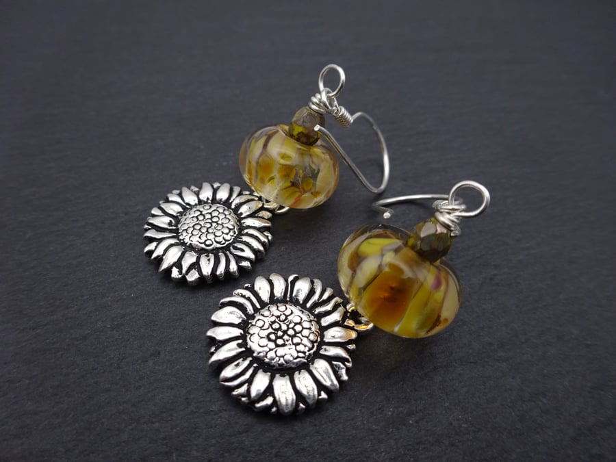 sterling silver earrings, brown lampwork glass and sunflower