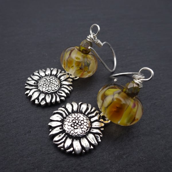 sterling silver earrings, brown lampwork glass and sunflower