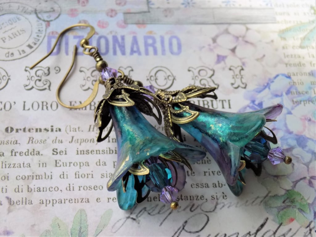 Turquoise Purple Gold "The Brook" Hand Painted Lucite Flower Earrings