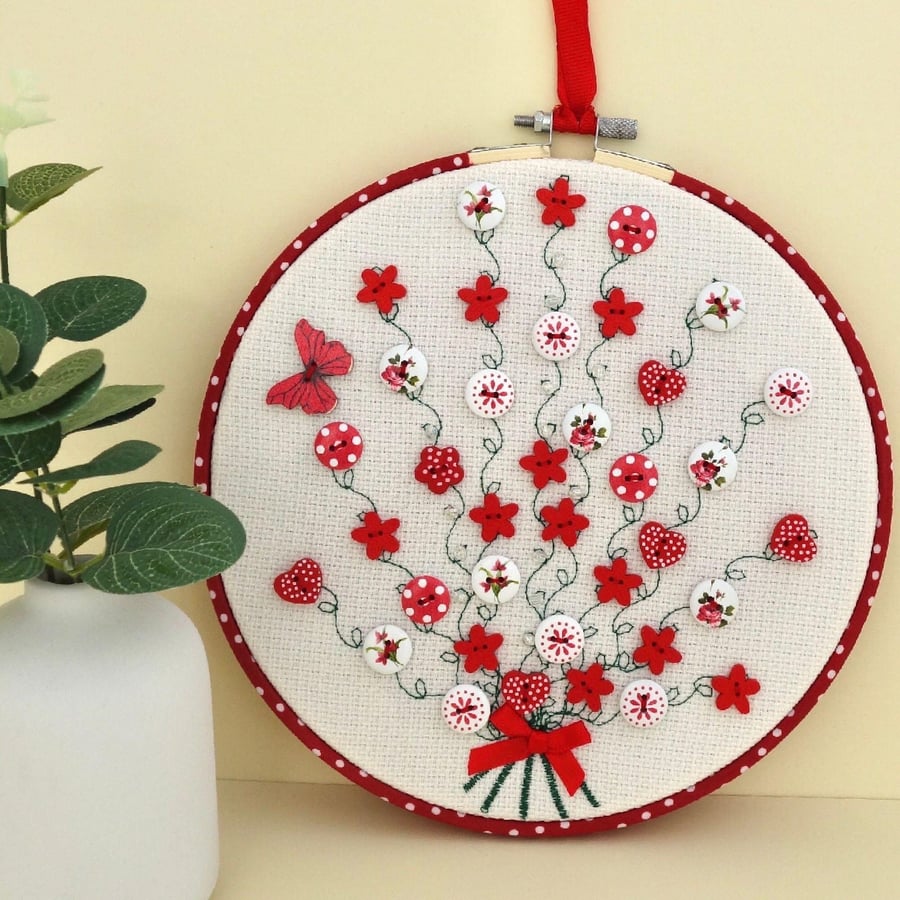 Embroidered Hoop 20cm: Red & White Button Bouquet