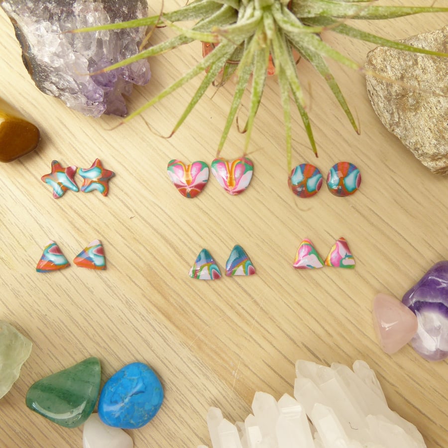 Bright Kaleidoscope Stud Earrings, Red Orange Blue Pink 