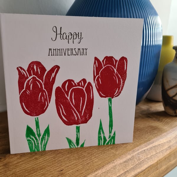 Red tulip anniversary card handprinted linocut 