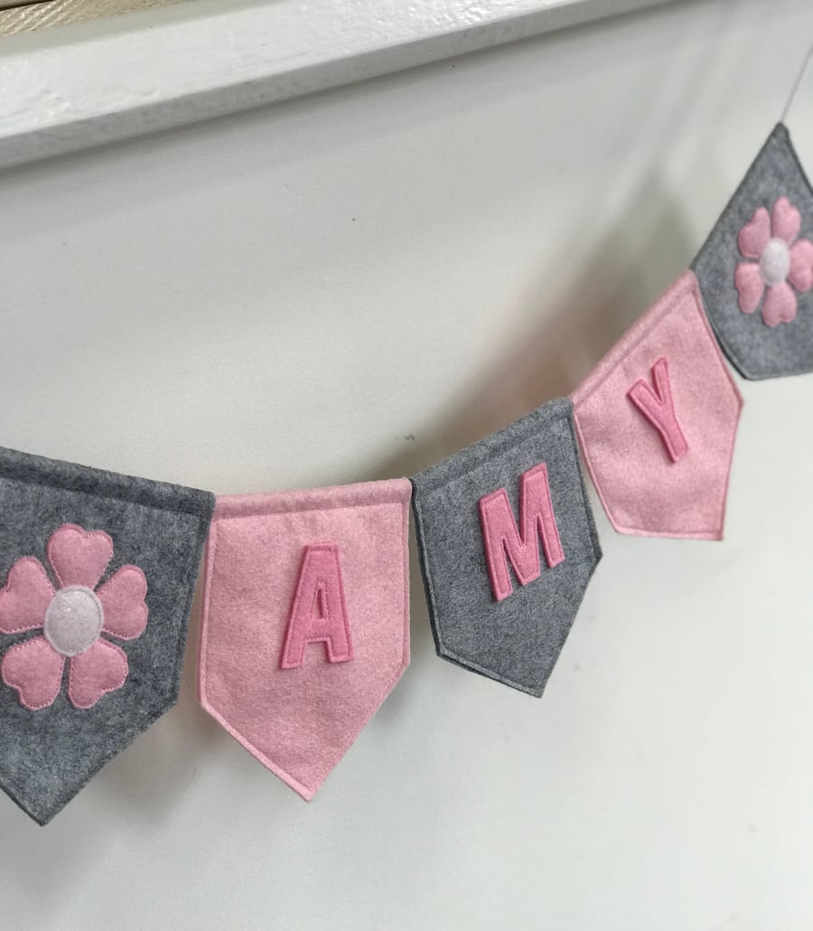 Luxury Personalised Felt Bunting Name Banners Pink,Grey For Nursery and Bedroom 