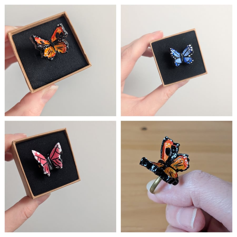 Clay Butterfly Adjustable Ring 