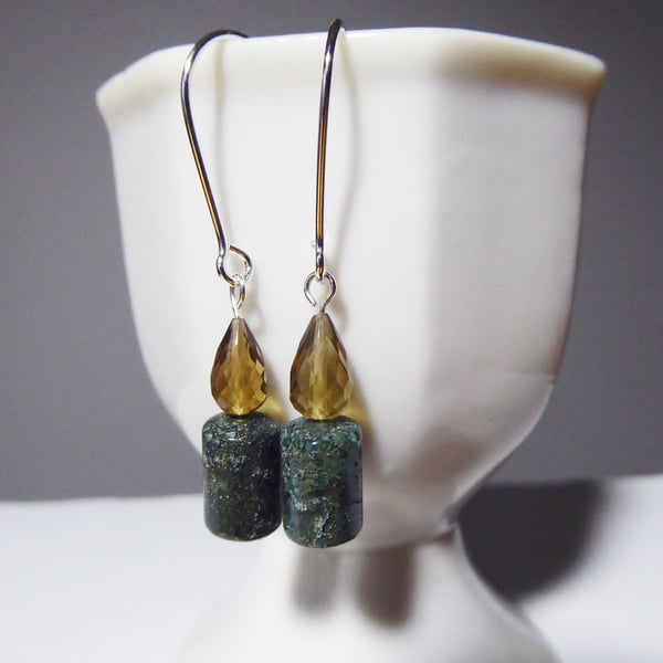 Sterling Silver Earrings Green Indian Agate Candle & Faceted Honey Quartz Flame