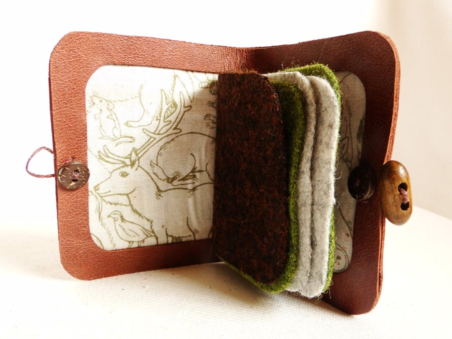 Wildlife Needle Case - Sewing Accessory - Brown Leather Needle Book 