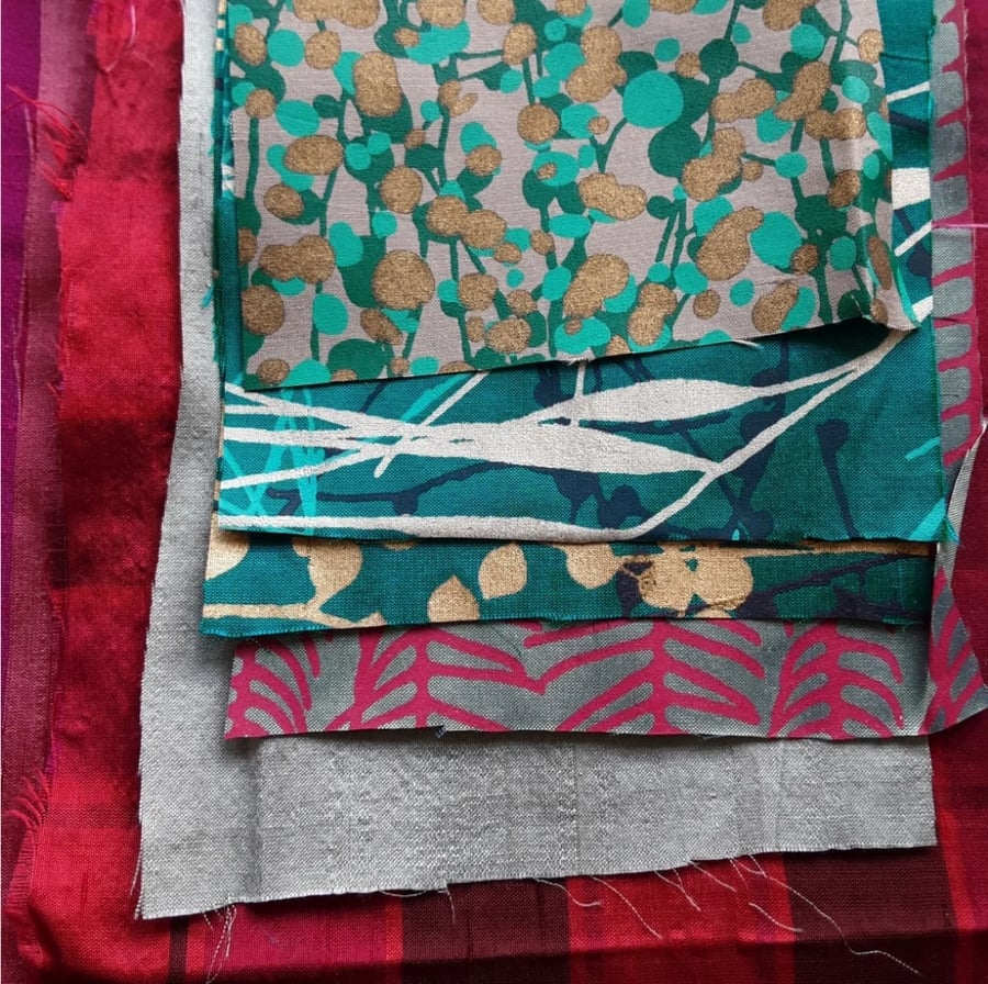 Fabric Inspiration Pack Hand Dyed cottons, Silk, Organza, Embroidery Thread