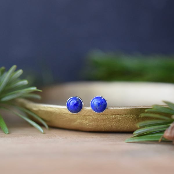 Lapis Lazuli Stud Earrings - Handmade Sterling Silver Studs