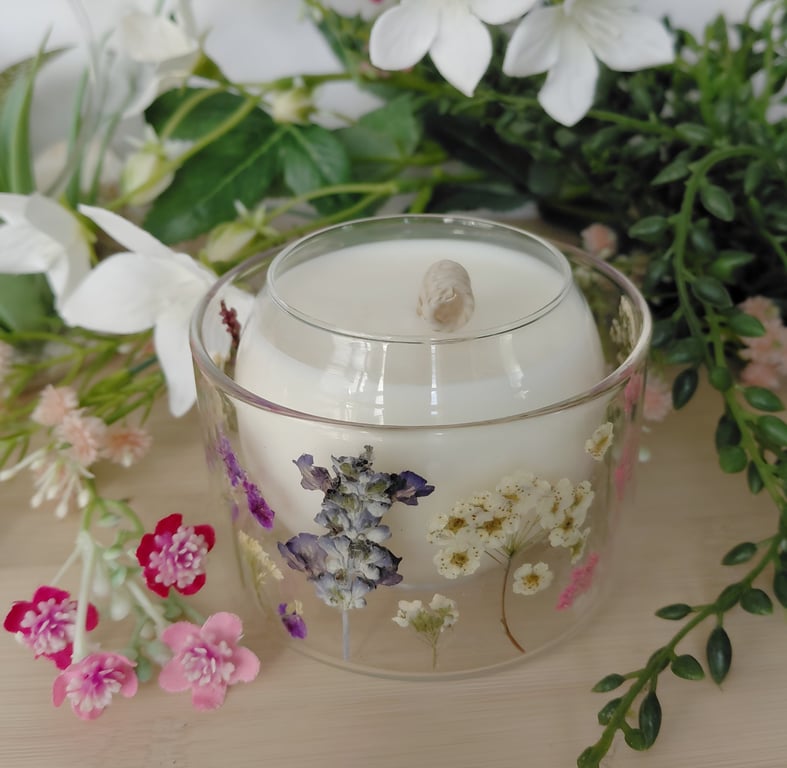 Pressed Flower Botanical Candle Scented Soy Wax Vegan Friendly Gift