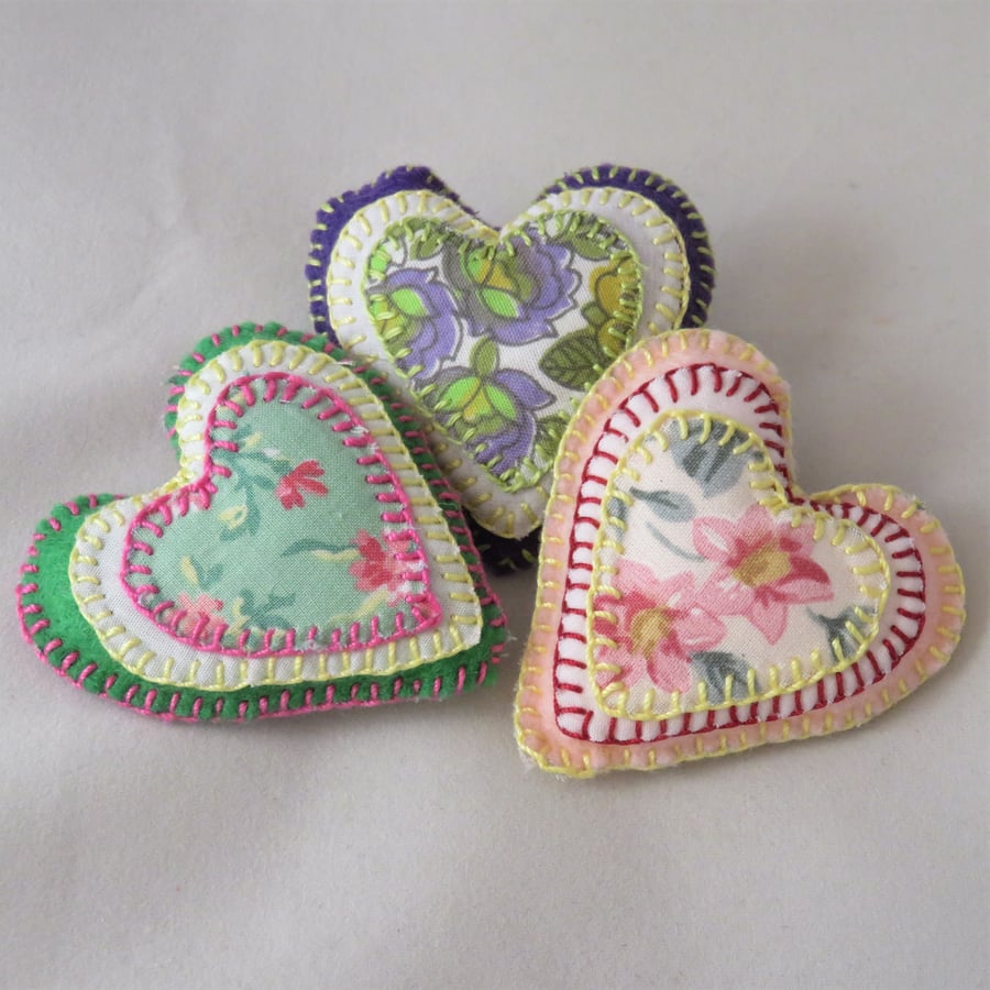 Trio of Appliqued Felt Lavender Hearts - pink, green, purple