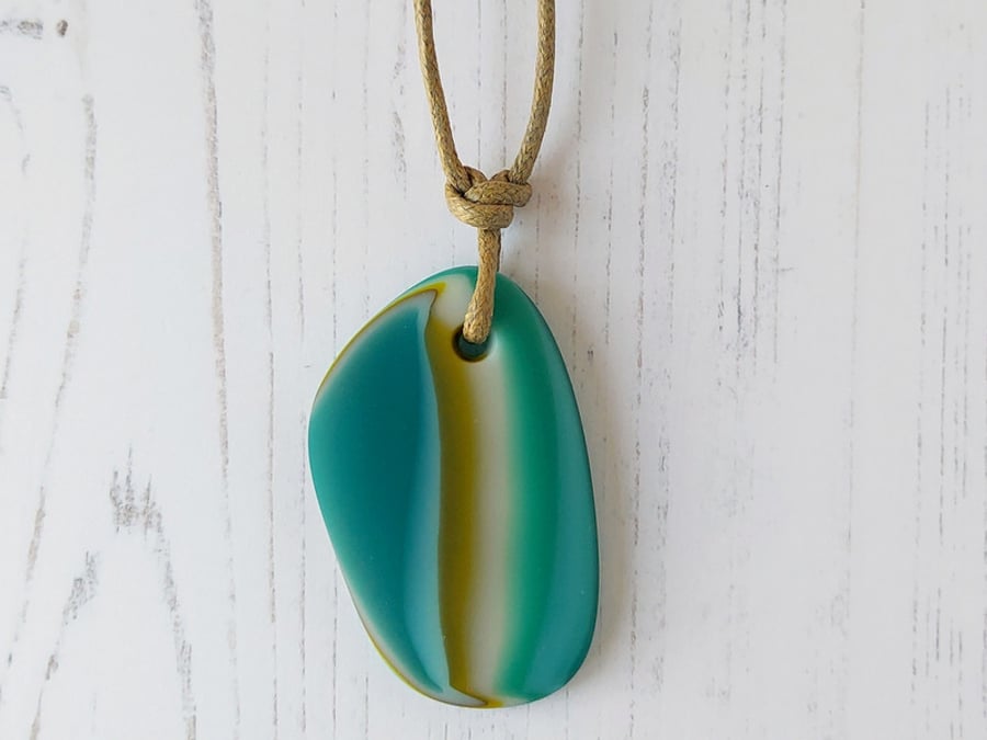Teal fused glass adjustable pendant necklace