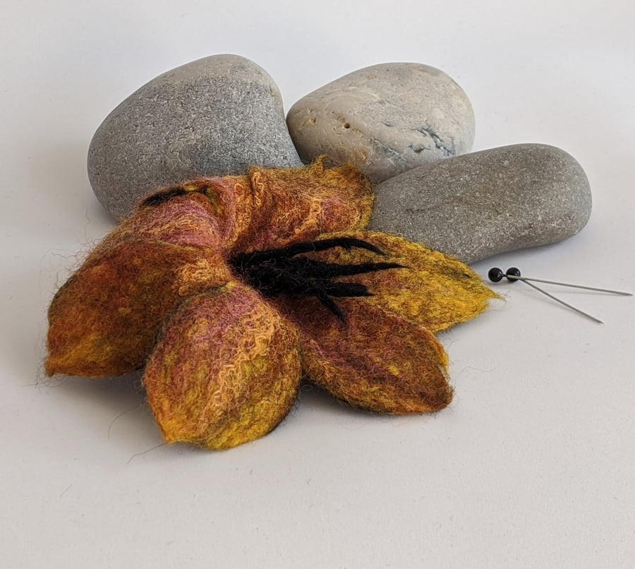 Large felted flower brooch - autumnal golds
