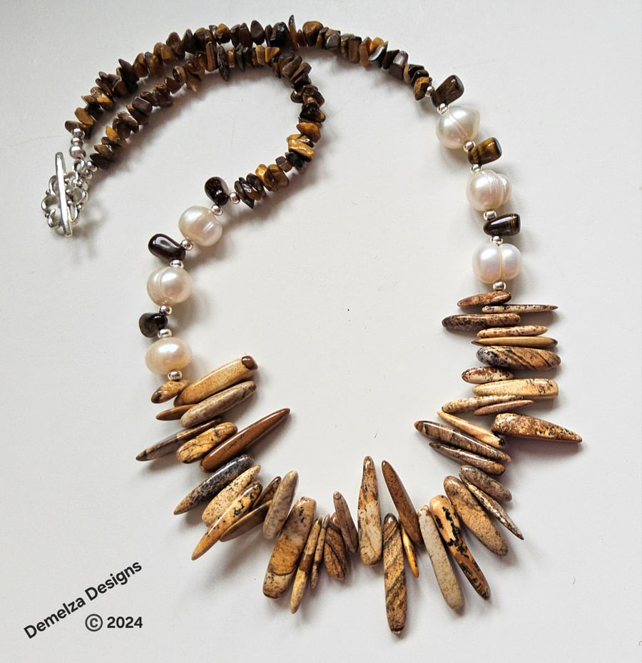 Picture Jasper, Freshwater Pearls, Tigers Eye Necklace 