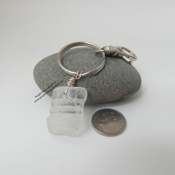 Bottle Top White Sea Glass Bag Charm Key Ring K179